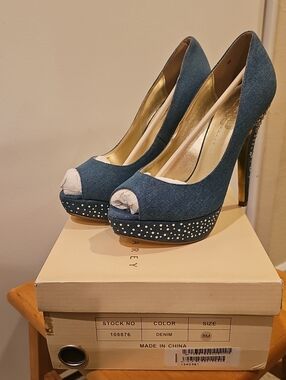 Mariah Carey Denim Peep-Toe Platform High Heels with Studded Accent